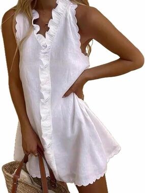 White Ruffle V-Neck Sleeveless Mini Dress Small